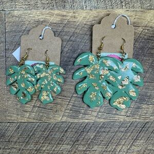 Polymer Clay Green Leaf Earrings with Gold Accents